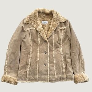 Wilsons Leather Suede Afghan Jacket Large Faux Fur Penny Lane Boho Tan Coat Y2K